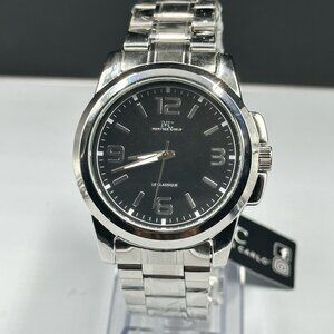 Montres Carlo Watch Men Silver Tone Black Dial Round 43MM New Battery 8.25"